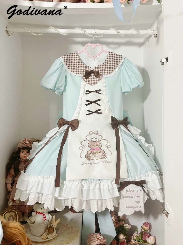 Original Cake Bear Lolita OP Dress New Autumn Sweet Cute Short Sleeve Kawaii Bow Princess Lo Dress for Girl Women