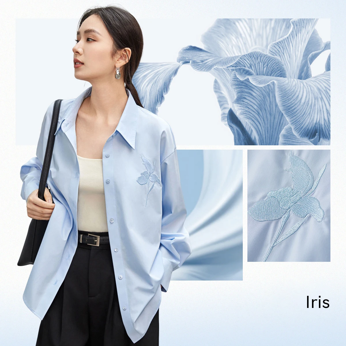 SENTUBILA, camisa informal para mujer, otoño 2025, estilo coreano, blusas holgadas de manga larga con bordado de plantas, blusas azules de un solo pecho 143C56002