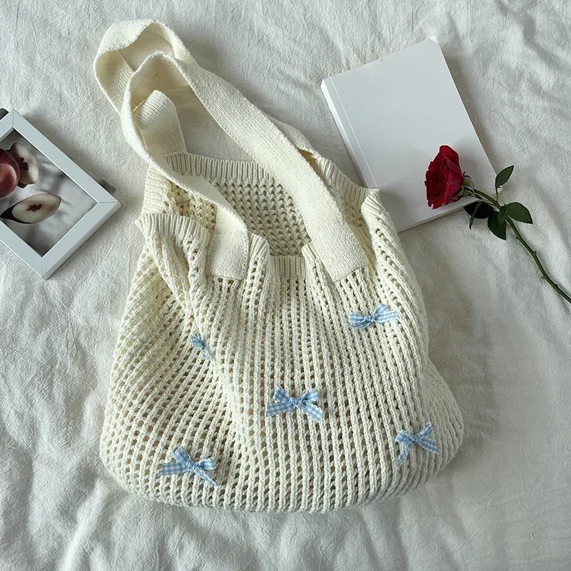 

Knitted Handbags Large Capacity Bow Pattern Crochet Tote Bag Bow Pattern Crochet Tote Bag Multifunctional Knitted Shopping Bag