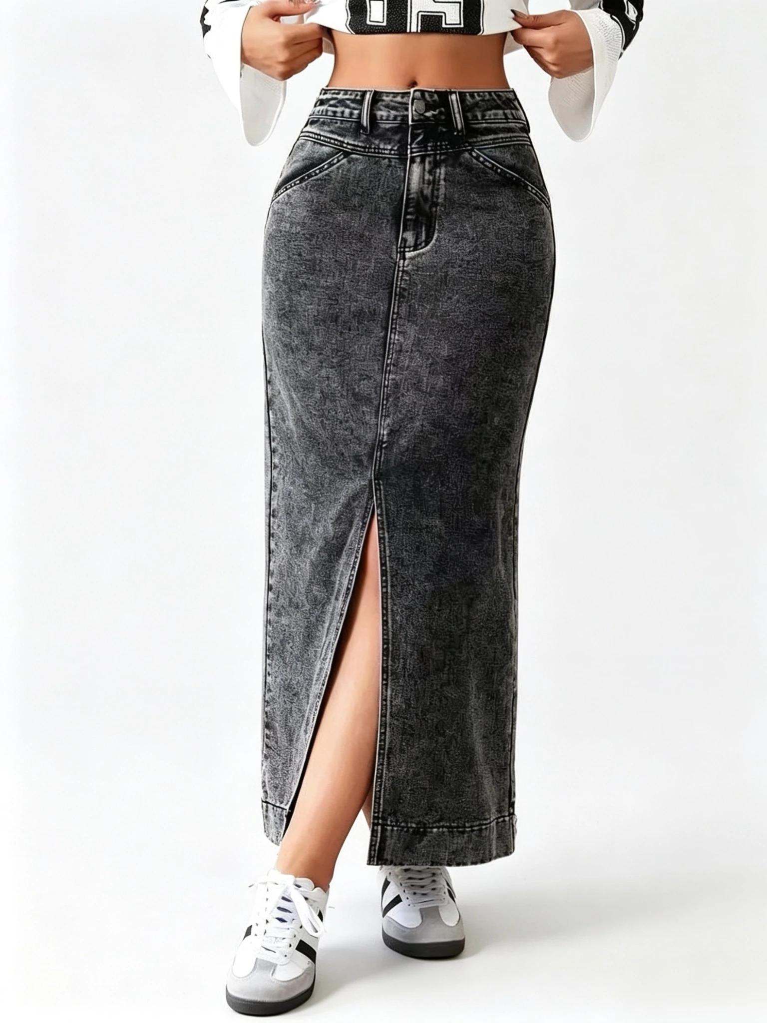 Women's Gray High-Waisted Front-Slit Denim Skirt, Mid-Length Pencil Skirt
