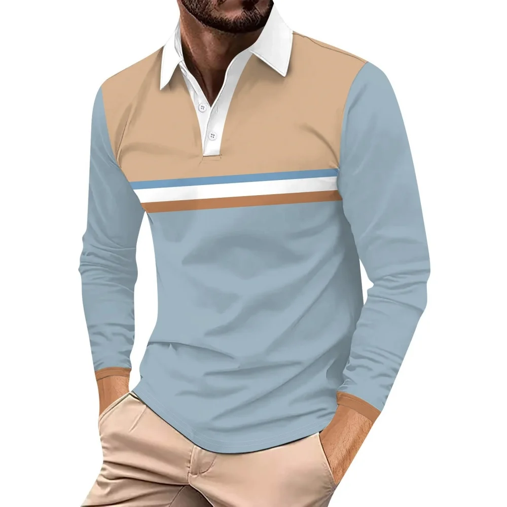 Color Blocking Print Polo Shirts Men Simple Fashion Lapel Golf Wear Men\'s T-Shirt Tops Street Sports Long Sleeve T-Shirt Man