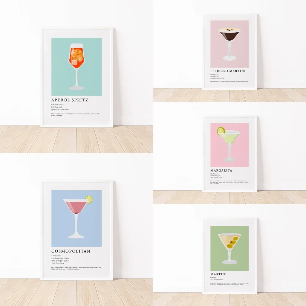 Modern Colorful Minimalist Alcohol Canvas Poster Cocktail Wall Art Aesthetic Drinks Print Kitchen Bar Living Room Decor
