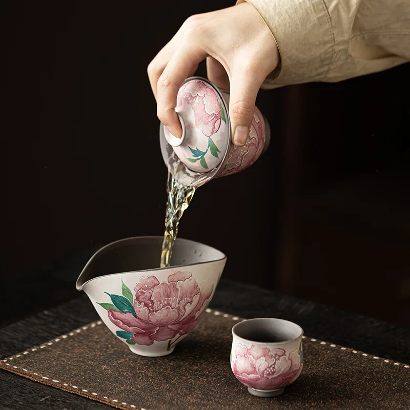 Old Rock Clay Light Makeup Peony Pitcher Gong Dao Bei Chinese Style Porcelain Set Cup Vintage Pot Ceremony Utensils