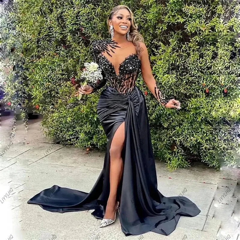 Sexy Black Count Train Mermaid Prom Dress Shinning Beaded Crystal Formal Evening Party Gowns Girls Side Slit Robes De Soirée