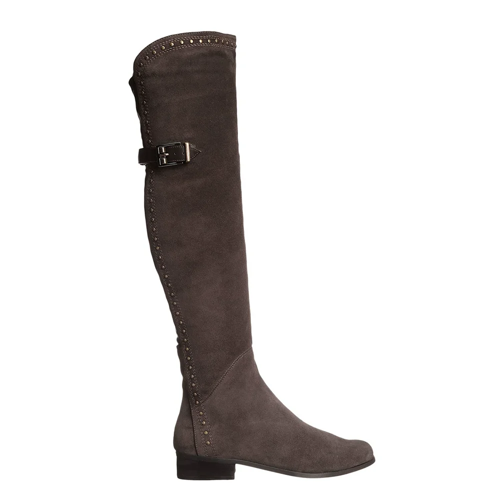 

Autumn and winter new round-headed rivet leather belt buckle low-heeled suede knight boots large-size high-heeled women's boots