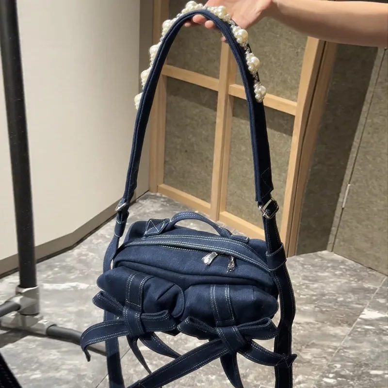 

Brand Women's Bow-tie Denim Shoulder Bag Luxury Elegant Pearl Shoulder Strap Handbag New Y2k Fashion Double Pocket Crossbody Bag