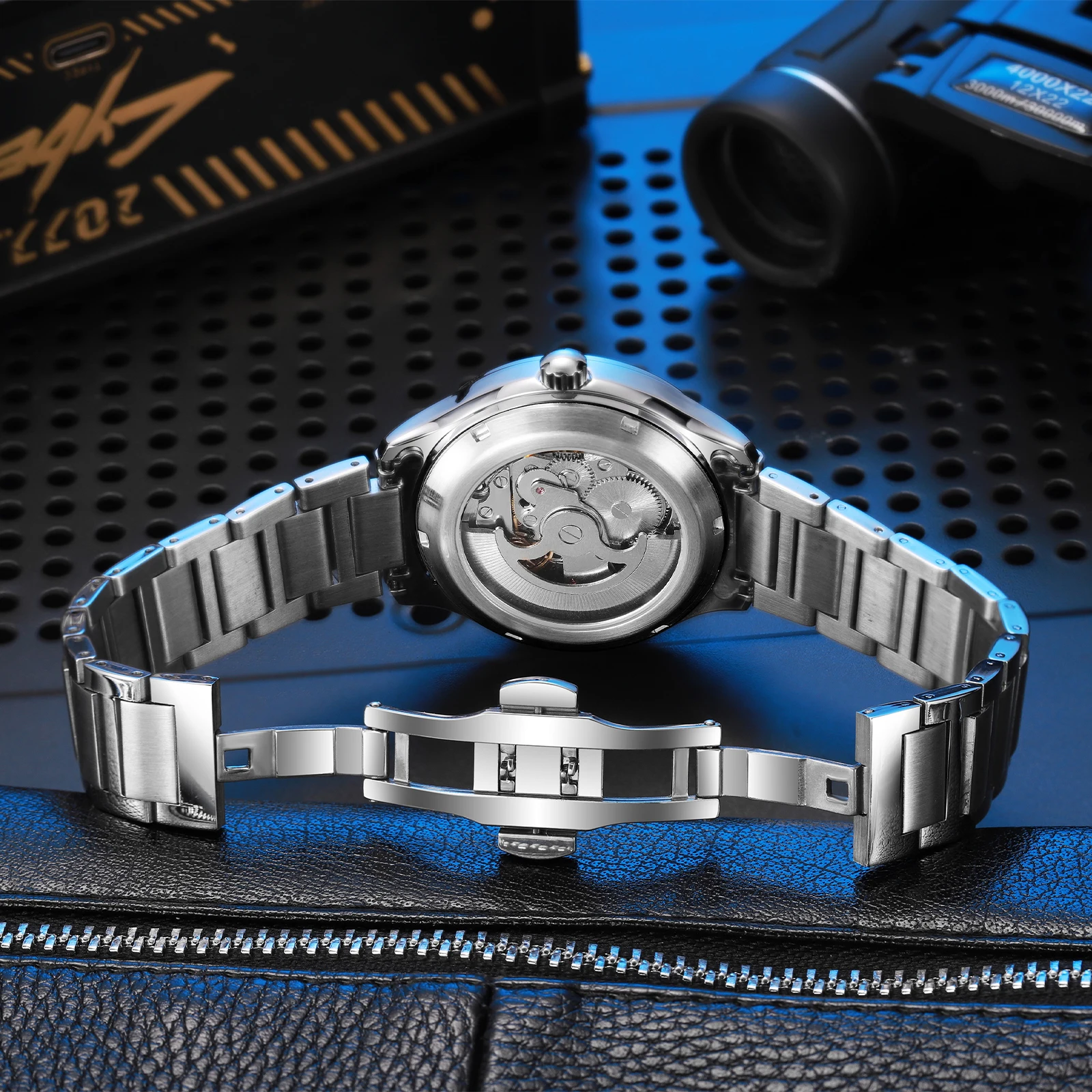 Dulunwe Men's Mechanical Automatic Watch Hollow Four-Color Scale Ring Equipped 24 Hours / Seconds Small Dial Square Arc Design