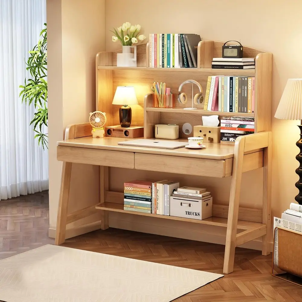 Kids Desk＆Table Wooden Children’s Study Desk with Bookshel＆Two Ders Children Study＆Writing＆Computer＆Workstation or 3 and Above