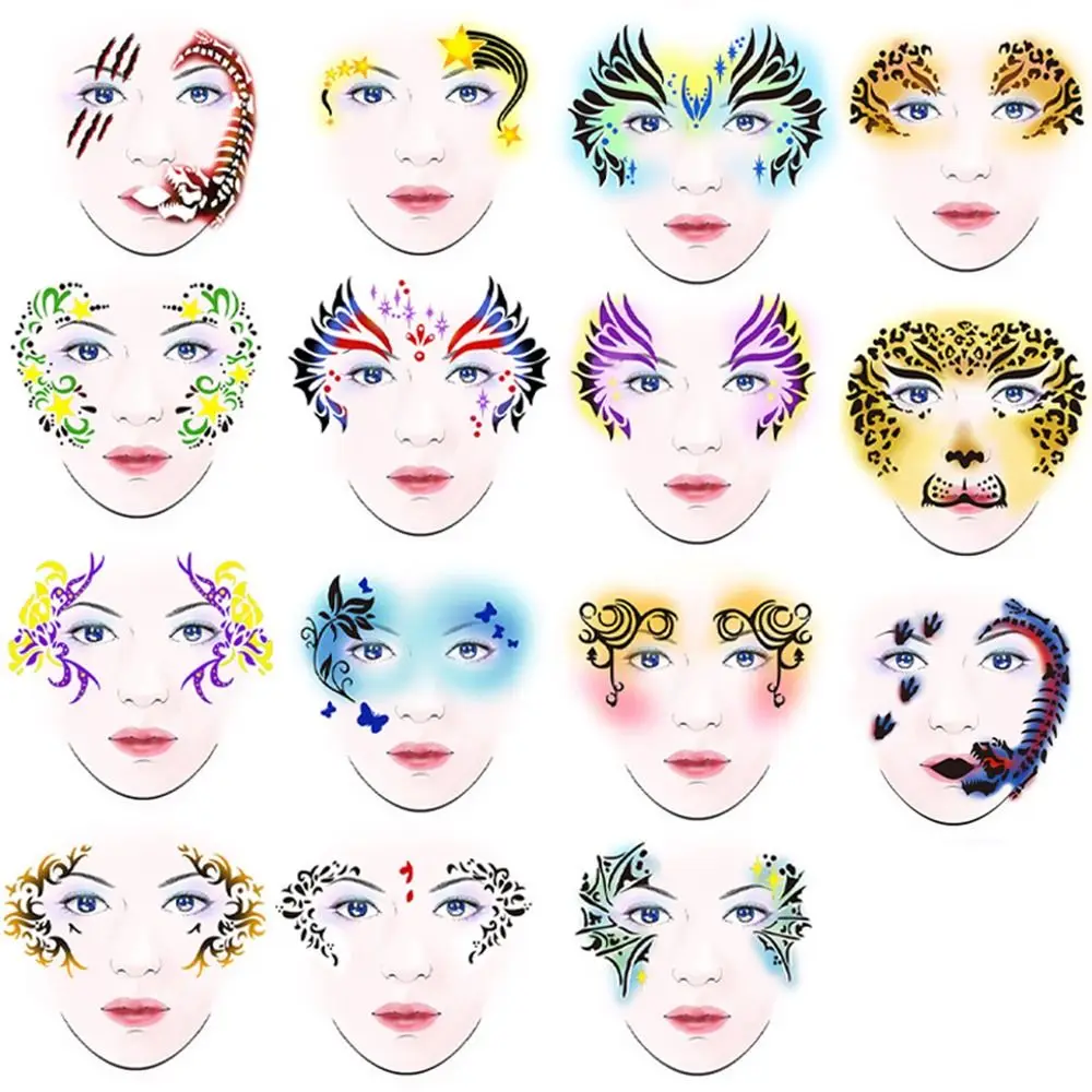 

Face Art White Face Paint Template Cartoon Animal Print Body Painting Stencils DIY Reusable Face Tattoo Holiday Decorations