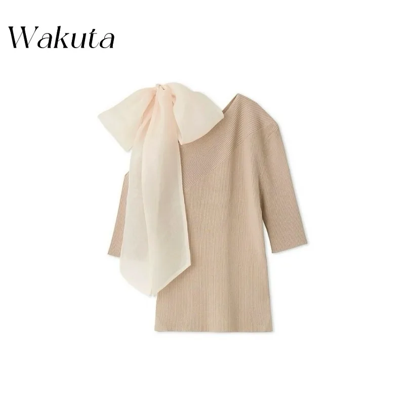 WAKUTA Japanese Sweet Round Neck Bow Single Shoulder Sleeves Knit Elegant Ladies Slim Fit Solid Tanks Poleras De Invierno Mujer