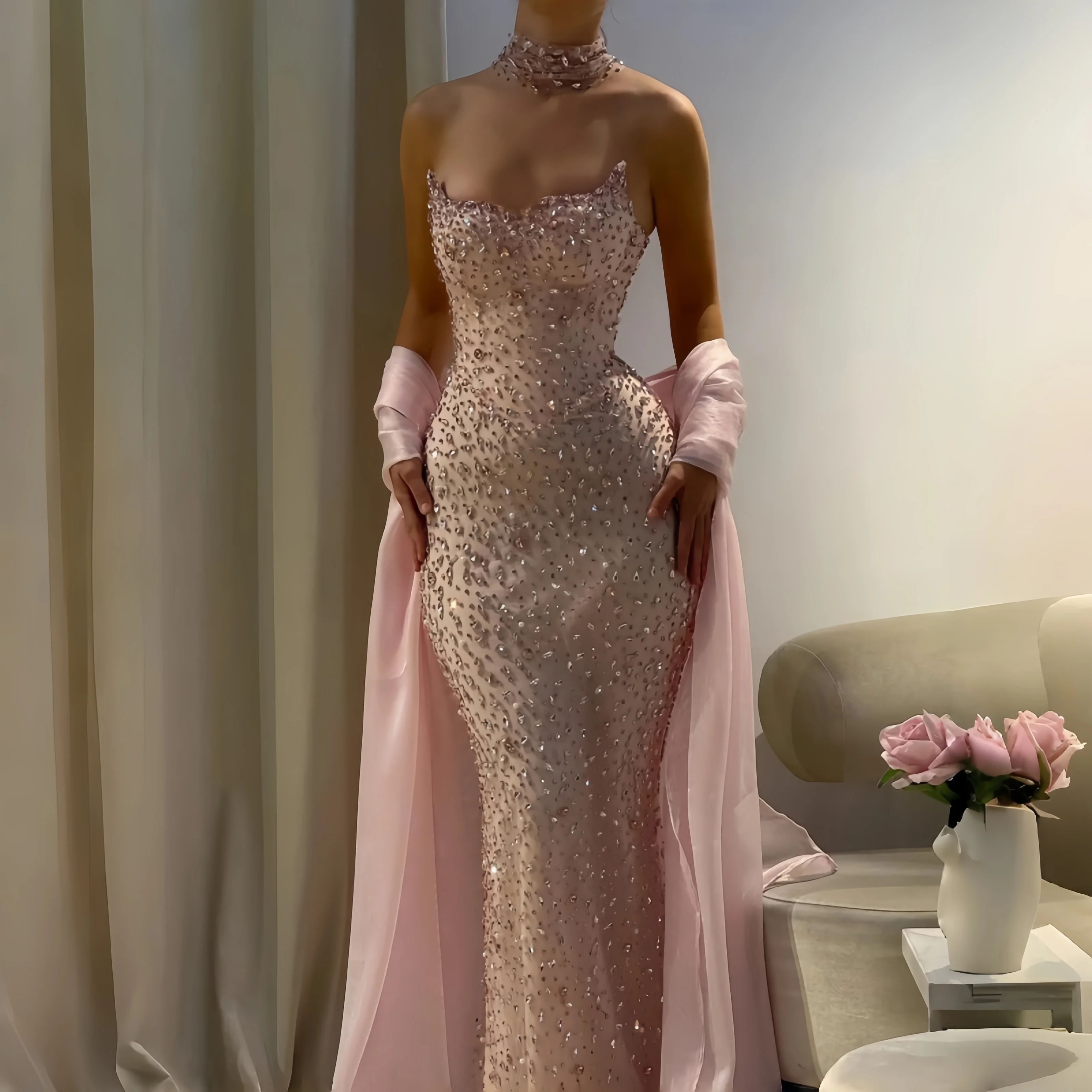 

Custom Rhinestone Fishtail Strapless Lace Curved Elegant Party Dresses 2026 Women's Prom Dress Luxurious Evening Dresses