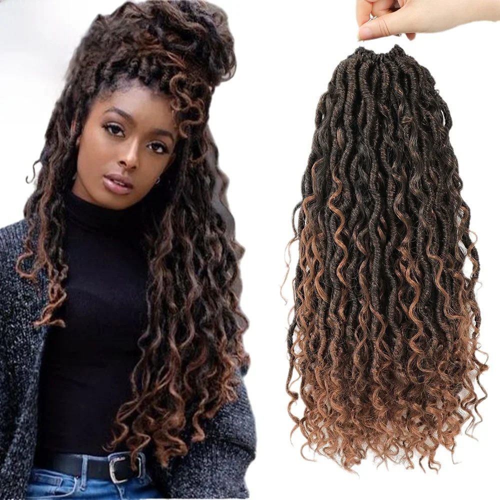 

18 Inch Ombre Brown Boho Faux Locs Crochet Hair Synthetic Goddess Locs Crochet Hair Pre Looped Crochet with Curly Ends for Women