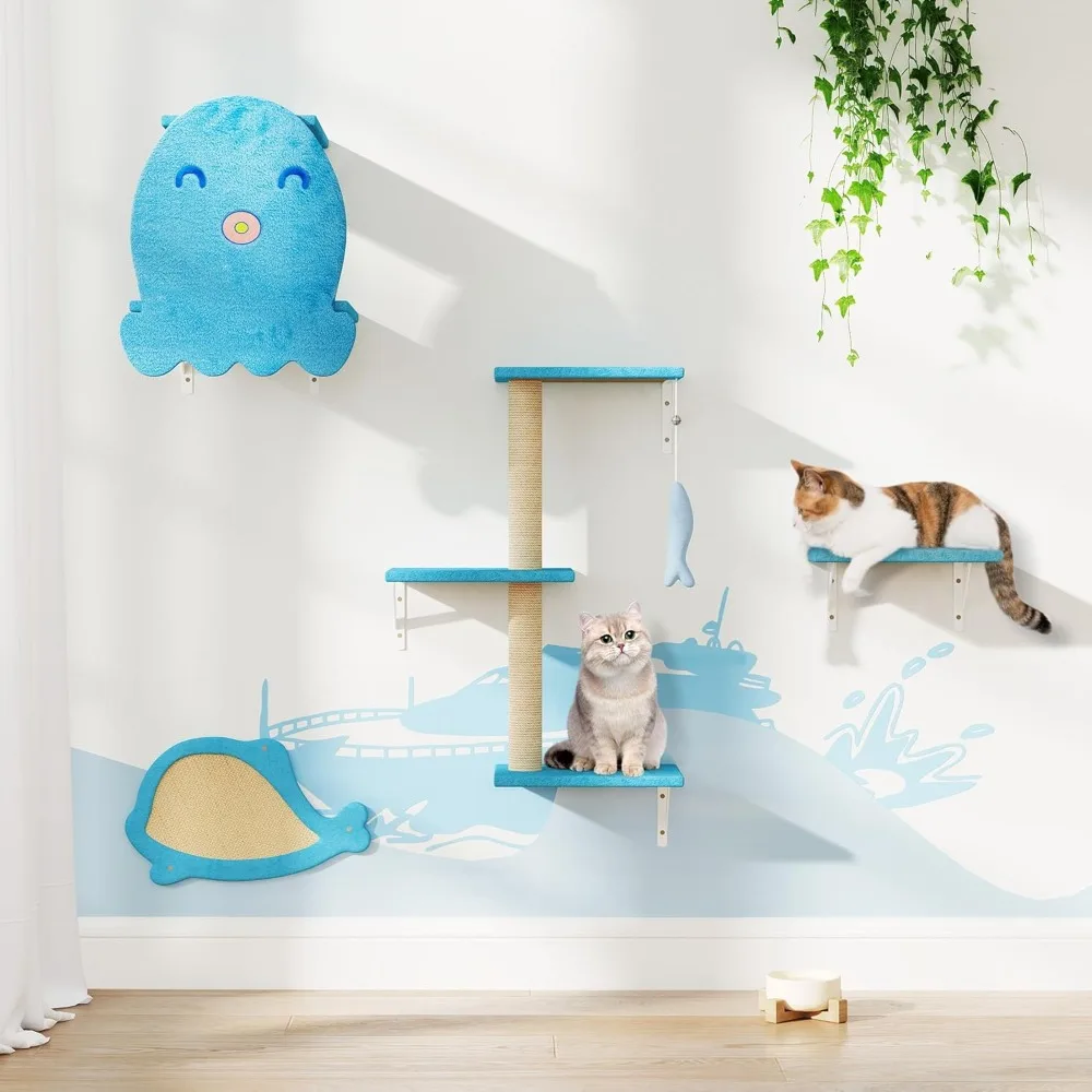 Juego de árbol para gatos de 4 piezas montado en la pared: casa para mascotas de madera resistente, tablero para rascar, plataformas, postes de sisal, dije de pez azul, ideal para