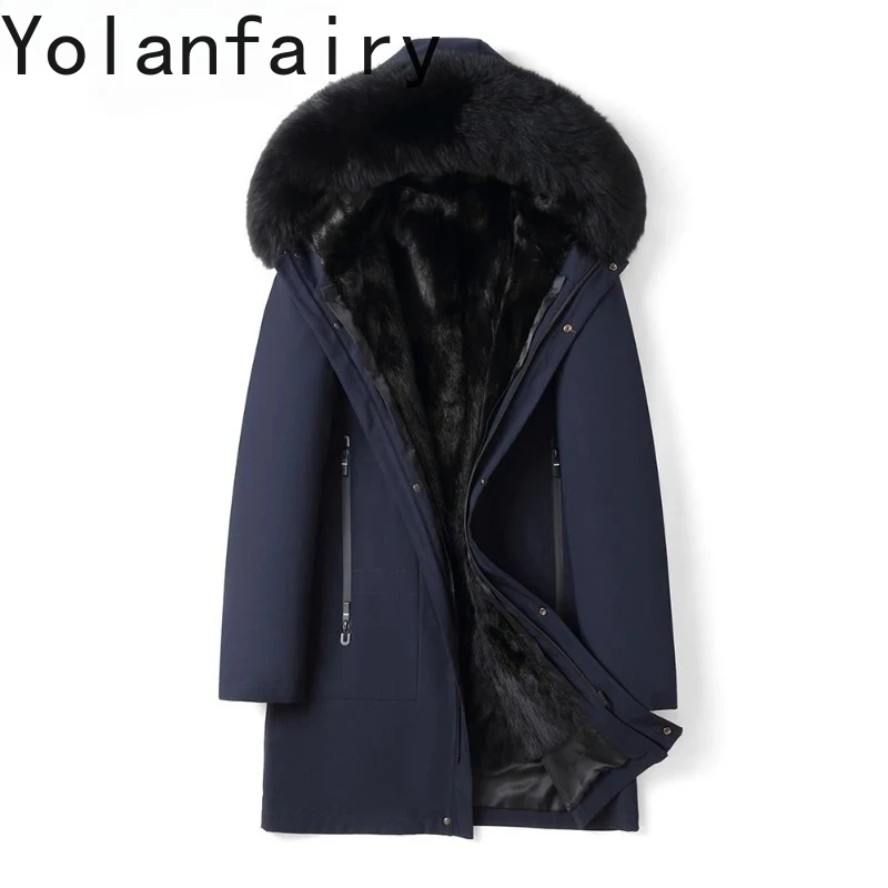 YOLANFAIRY Real Fur Coat Man Winter Hooded Fox Fur Collar Mid-length Warm Parkas Jacket Detachable Mink Fur Liner Coats Outwears
