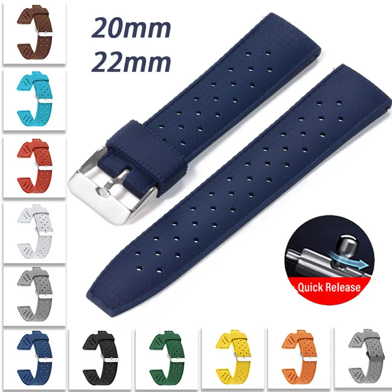 Bracelet de montre en silicone perforé à libération rapide, 20 mm 22 mm, respirant, avec trous, pour Omega, Seiko, pour hommes et femmes