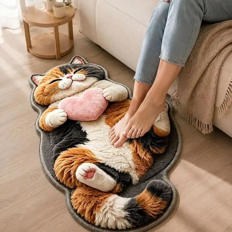 VIKAMA Cute Cat Rug Lying Kitten Holding Heart Irregular Shape Bedroom Floor Mat Soft Living Room Decor Gift for Cat Lovers