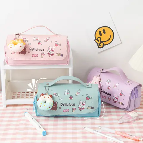 Cute Rabbit Stress Relieving Pencil Case Large Capacity Double Layer Pen Box Portable Pen Bag School Stationery Pouch