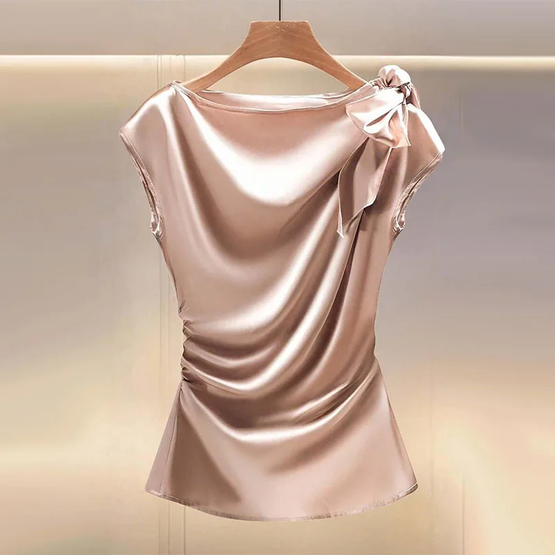 

Летние женские атласные плиссированные топы с бантом, сексуальные облегающие майки, однотонные женские топы без рукавов с круглым вырезом, элегантные шикарные пуловеры для женщин