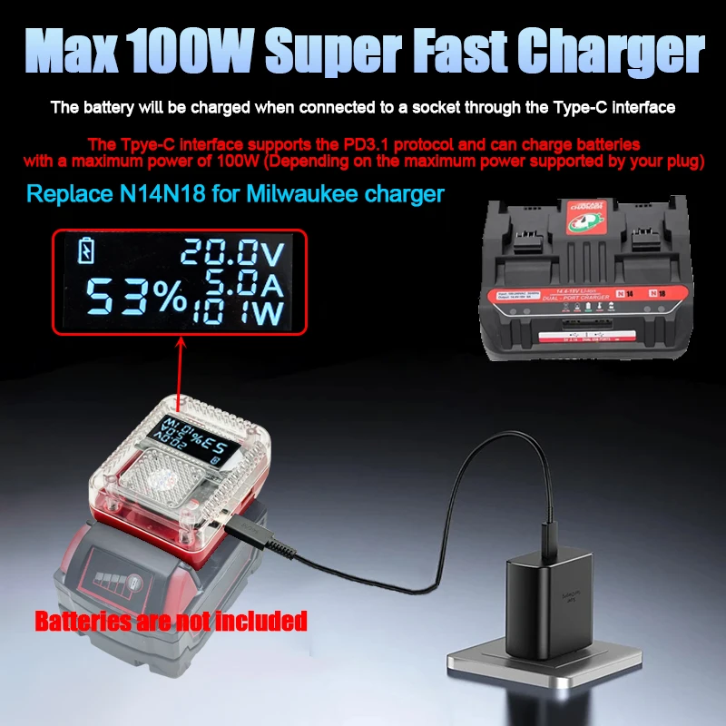 Conversor adaptador de bateria de lítio com display digital para makita para dewalt para milwaukee para carregador m18 usb tipo-c power bank 138w
