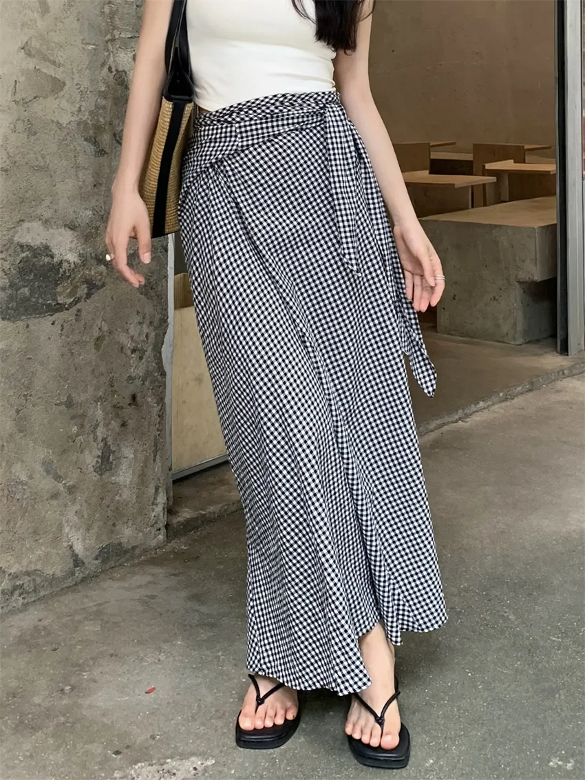 Alien Kitty High Waist Slim Mopping Skirt Chic Plaid Women Vintage New Fashion Summer 2024 Office Lady Streetwear Casual Elegant