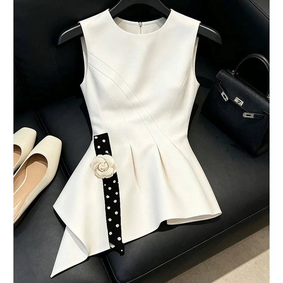 

Luxury Slim Peplum Blouse 2026 Women Sleeveless Camellia Polka Dot Strap Asymmetrical Hem Office Shirt Tops Chic Lady Commute