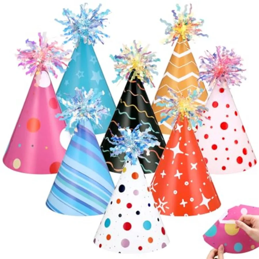 

24 Pcs Pastel Birthday Party Hats with Sticker Paper Cone Hats with Pom Poms Headwear for Baby Shower Bridal Wedding