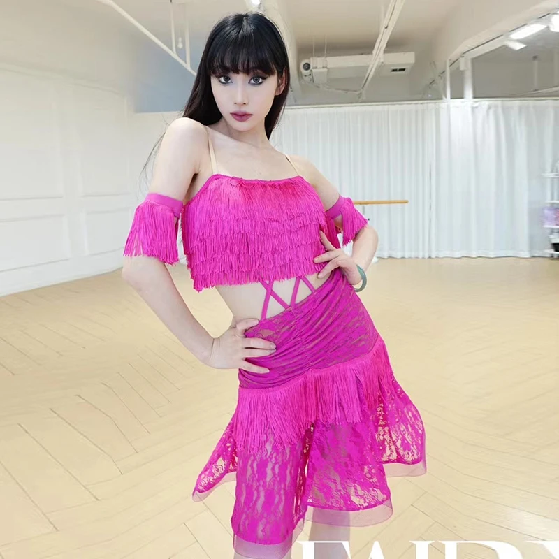 

2025 New Latin Dance Dress Rose Red Tassel Skirt Set Rumba Performance Costume Samba Dance Tango Practice Clothes VBH1250