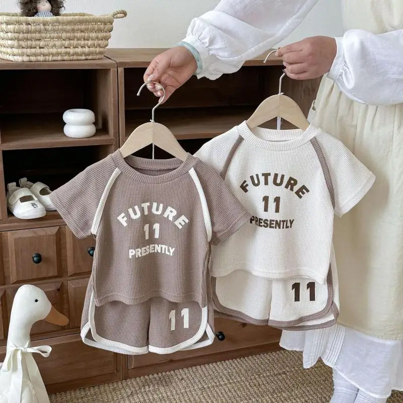 2026 Summer New Baby Short Sleeve Clothes Set Boys Girls Letter Print T Shirts + Shorts 2pcs Suit Toddler Casual Waffle Outfits