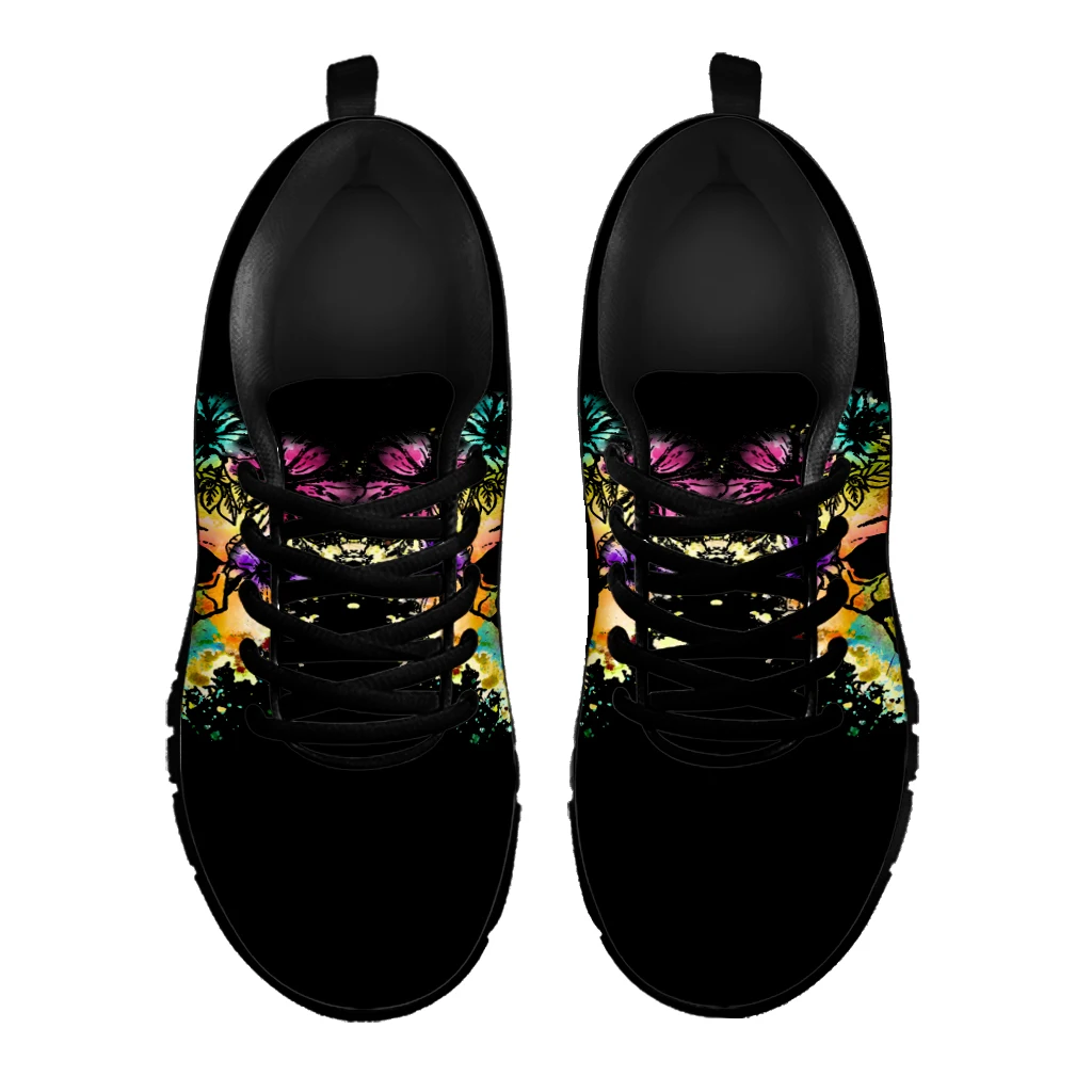 INSTANTARTS Retro Colorful Skull Print Dirty Resistant Running Sneakers Lightweight Lace-up Flats Shoes for Women Zapatillas