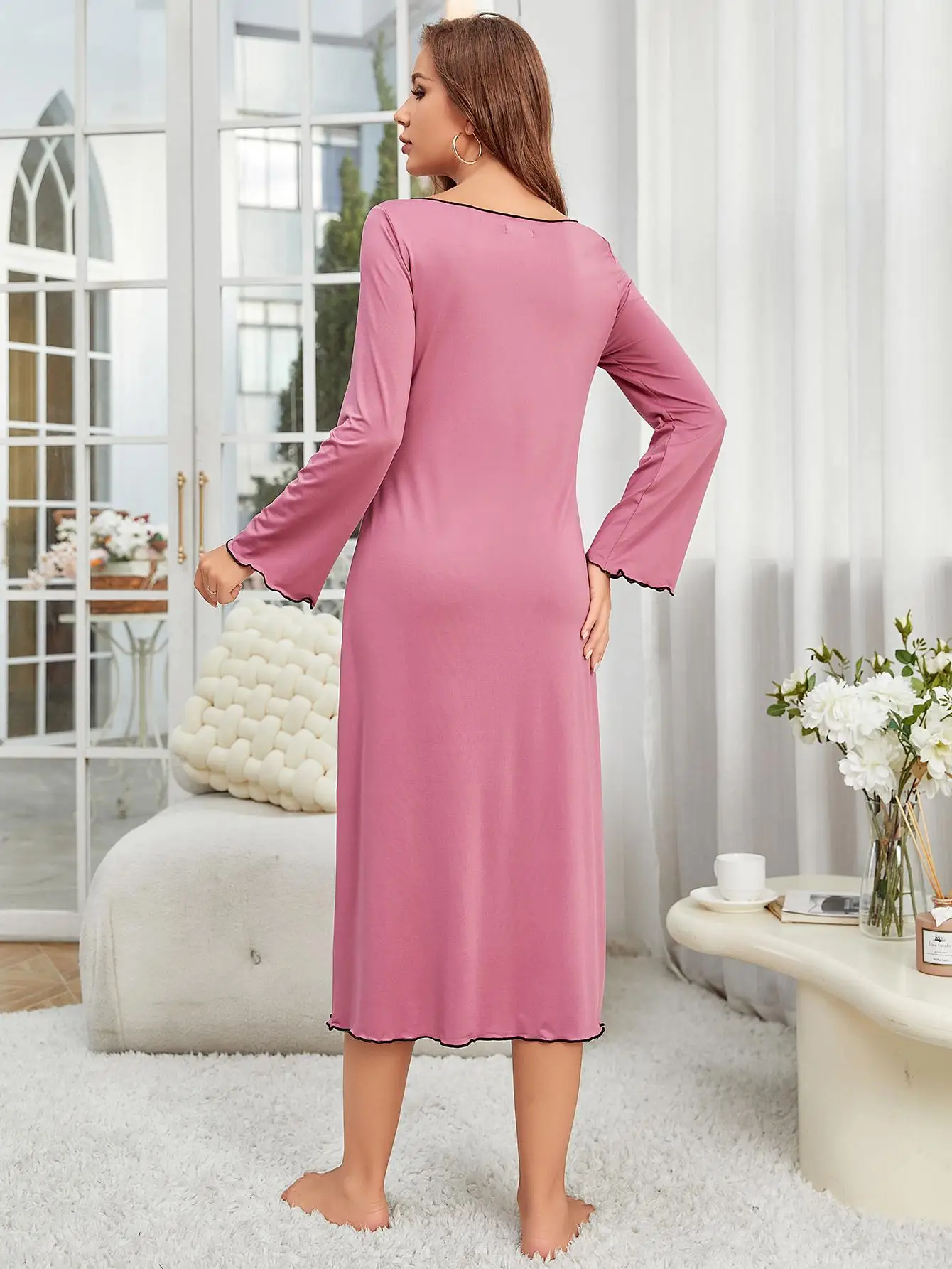 Lettuce Trim Women Nightgown Solid Long Sleeve Sleepwear Side Split Scroop Neck Nightwear Female Fall Homwear Pajama Dress