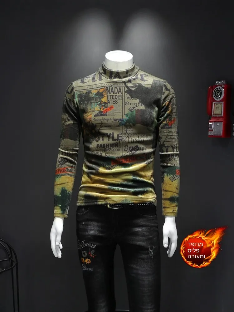 Men's Long Sleeve Fleece Lined Half High Collar T-Shirt Slim Fit Warm Inner Wear Top Fashionable Urban Style Winter New Arrival