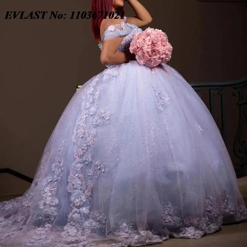 EVLAST Glitter Blue Quinnceanera Dress Ball Gown Shiny Floral Applique Beading Mexican Corset Sweet 16 Vestidos De 15 Anos SQ561