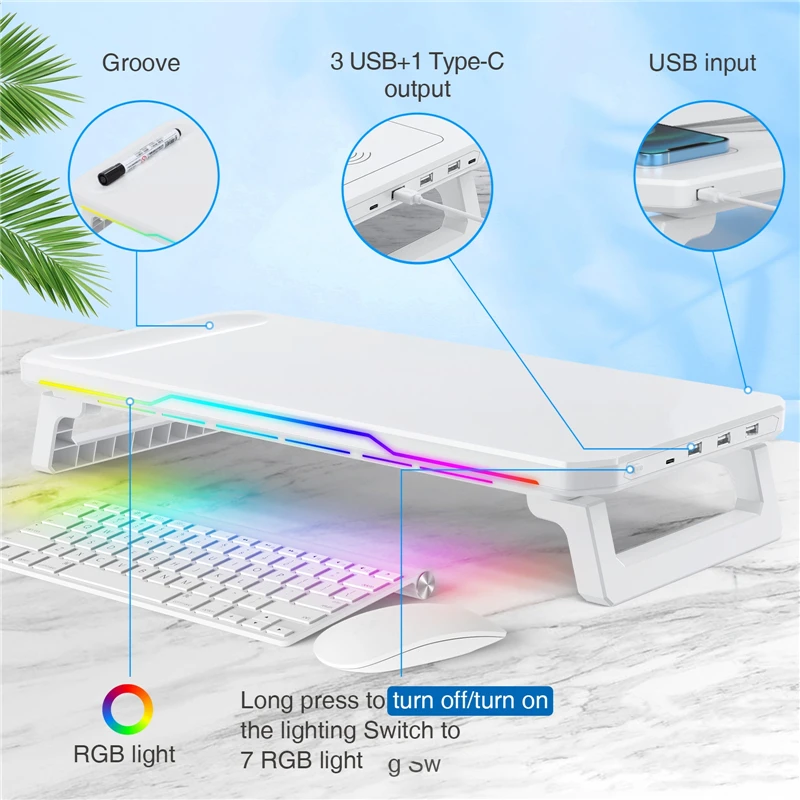 

Подставка для монитора с 3 портами USB 2.0 + беспроводная зарядка + RGB-подсветка Складная подставка для офисного компьютера Стеллаж для хранения