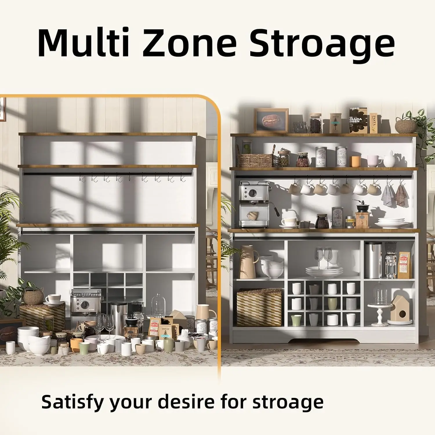 55인치 농가 스타일 커피 바 캐비닛, 3단 선반, 슬라이딩 헛간 문, 와인 랙 12개 및 후크 9개 포함