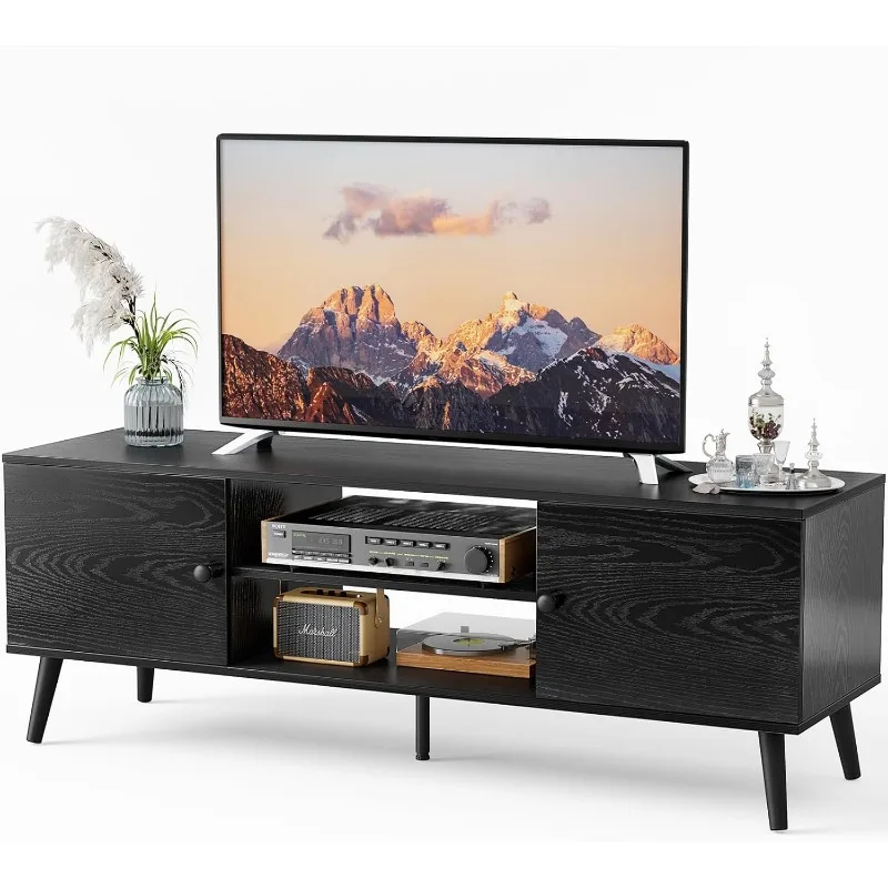 TV Stand for 55 60 inch Television, Entertainment Center with Storage, 2 Cabinet Media Console Table, Soft Hinge Door