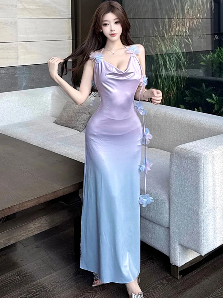 Verano púrpura gradiente malla elegante Floral Sling Sexy vestido largo mujeres elegante Casual estilo de playa vestido 2025 vestidos ceñidos coreanos