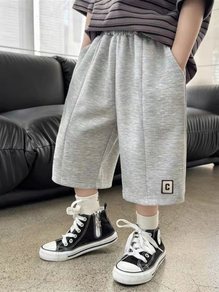Boys Shorts 7/5 Length Casual Sport Knitted Stretchy Loose Fit Summer Thin Pants