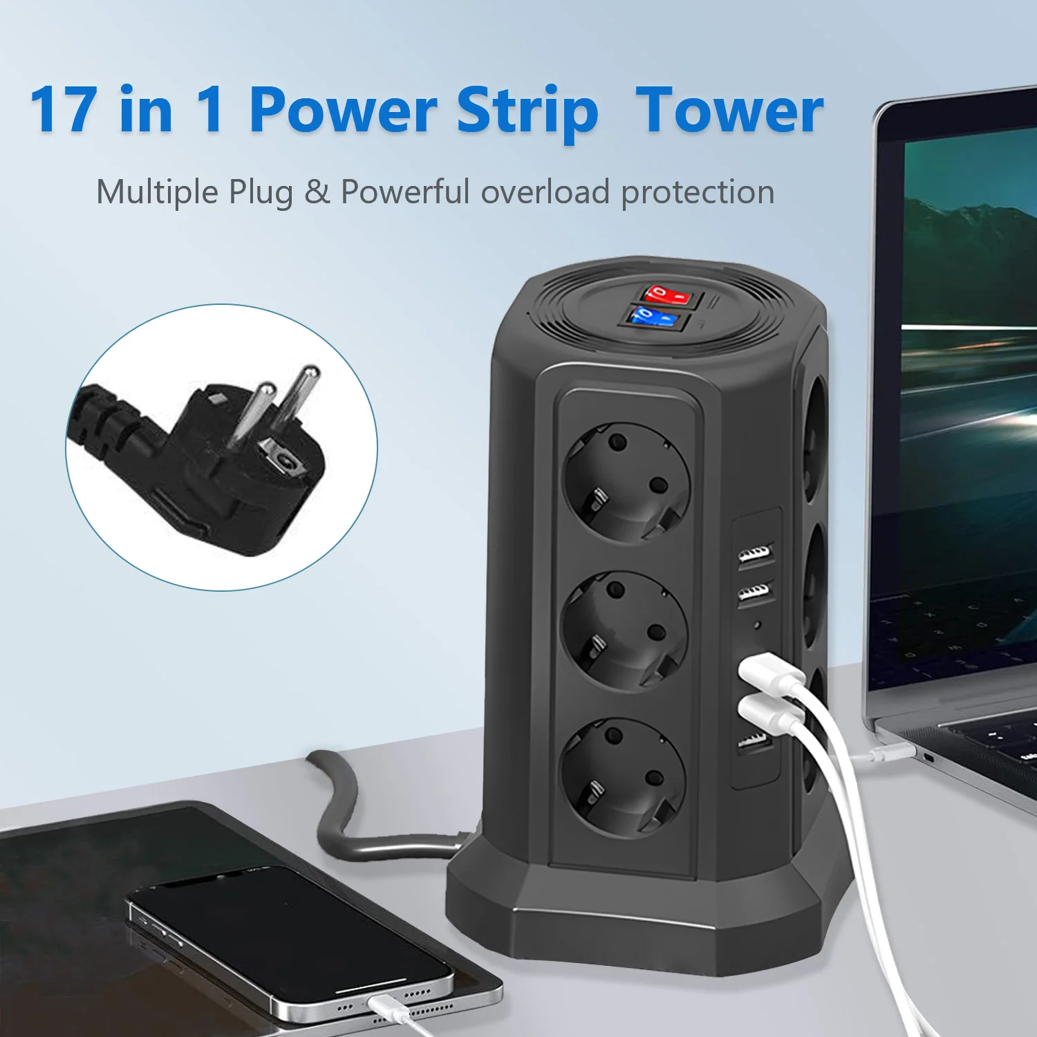 EU Tower Power Strip Multi Electric Socket 12 Outlets 5USB Ports Charging Surge Protector Adapter 10Ft Extension Cord for Office