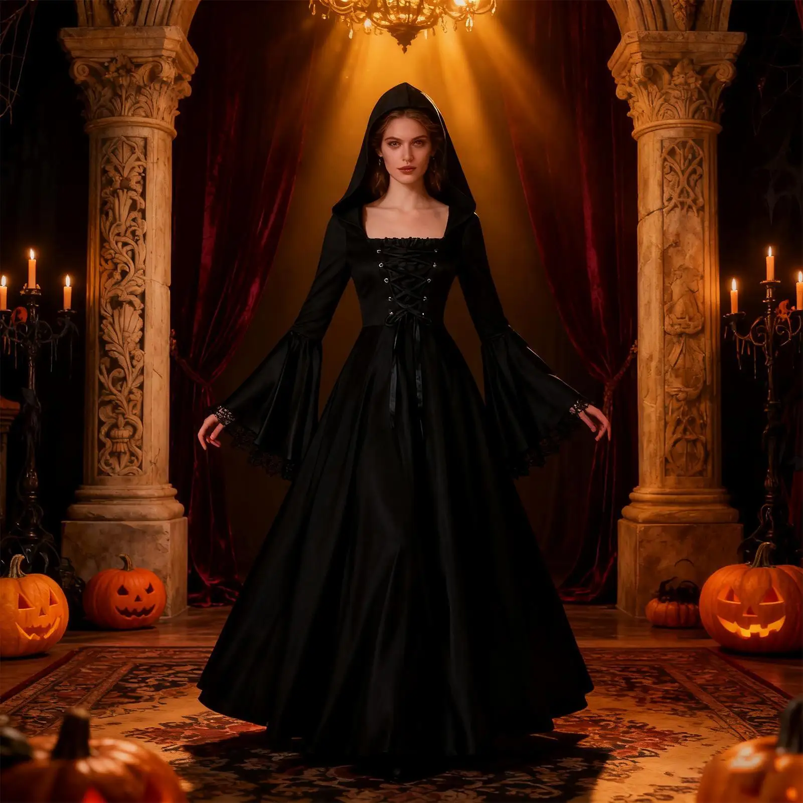 Halloween Witch Costume Medieval Gothic Long Dress Hooded Renaissance Cosplay Horror Dress-up for Women Haunted House Theater - view 4