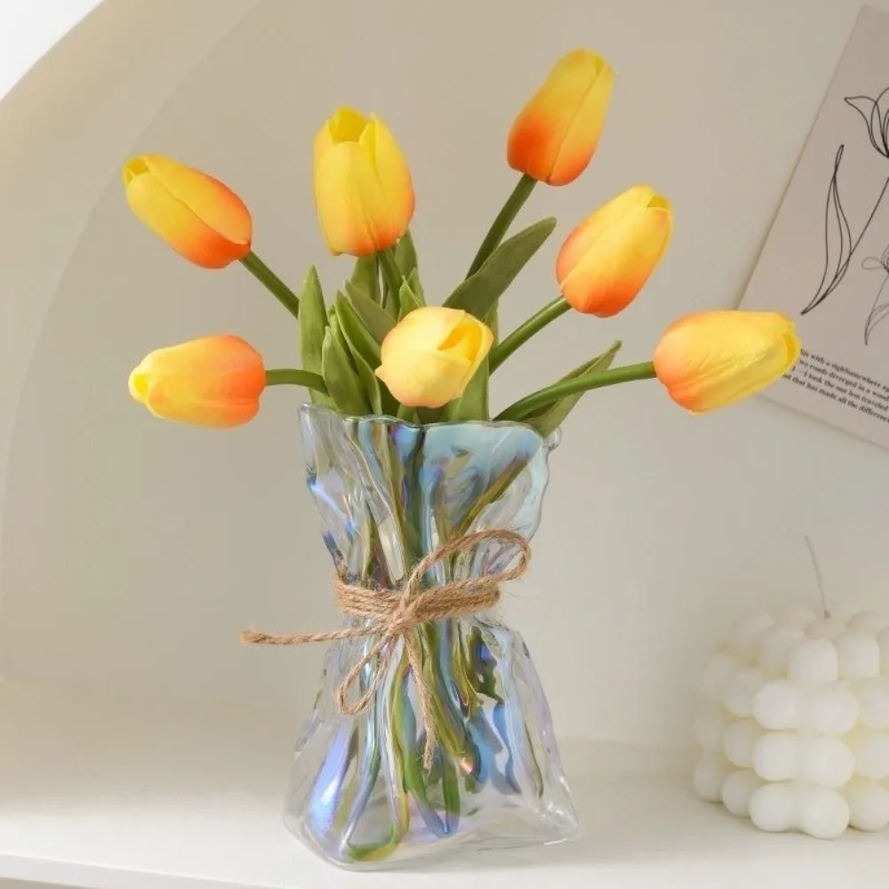 Fashion Transparent Irregular Glass Vase Minimalist with Rope Origami Glass Vase Romantic Art Flower Vase Office