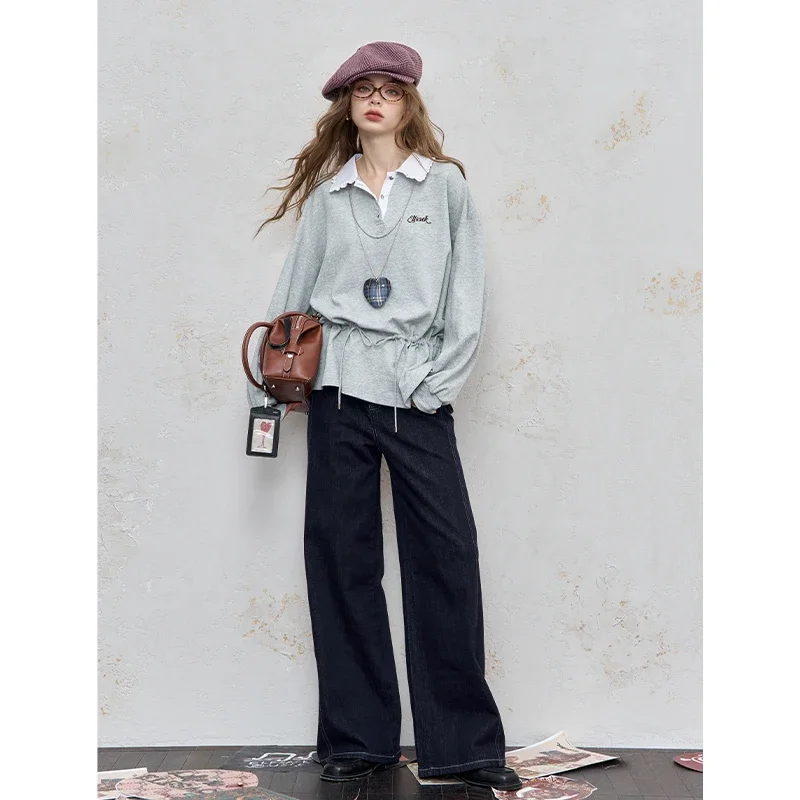 ELFSACK Women's Vintage Polo Sweatshirt with Embroidery Logo, Drawstring Waist Long Sleeve Top for Fall Daily Casual Wear