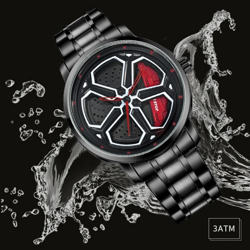 Mens Fashion Racing Watch Creative 3D Spinning Car Wheel Rotating Design Stainless Steel Large Dial Skeleton Waterproof Watch