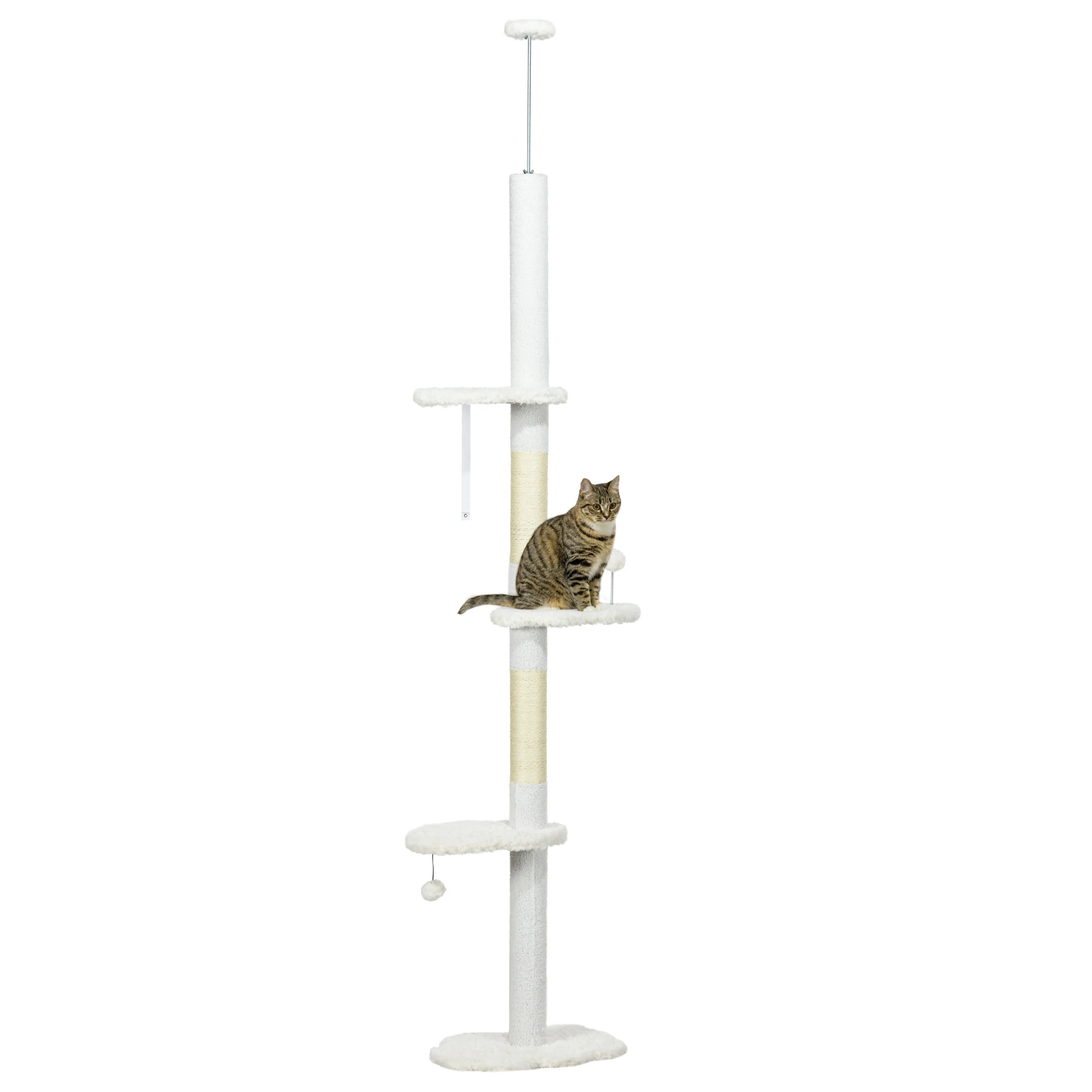 PawHut 225-255 cm Floor-to-Roof Cat Tower Height Adjustable Floor-to-Ceiling with 3 Cloud-shaped Platform Scratching Pods and 2 Balls 48x32x225-255 cm White