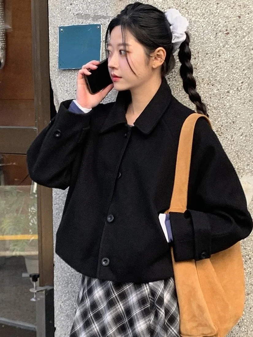 

Retro Winter ort Woolen Jaet Women's Lazy Sle Single Button Lapel Coat Thiened for Younger Look Bla Tweed Coat