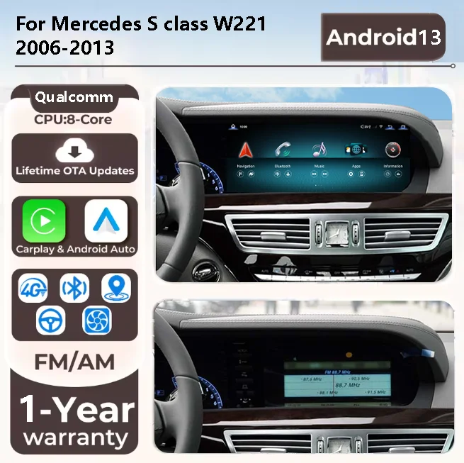 10.25/12.8inch Android 13 Auto Radio Wireless Carplay For Mercedes S class W221 2006-2013 Car Multimedia Player BT WIFI DSP