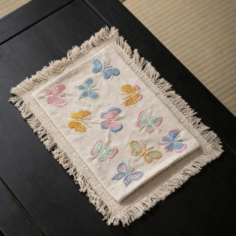 New Chinese Style Embroidery Tea Mat Teapot Heat Insulation Pad Butterfly Tea Mat Tassel Dry Brewing Mat Tea Pad Table Daily Use