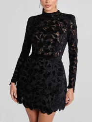 Ladies Spring Dresses with Sleeves Women High Waist Stitched Lace Dress Short Sexy Hollow Out Pretty Dress Clothes