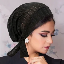 Trendy Stripe Long Tail Hijab Turban Hats Muslim Solid Color Head Wraps Elastic Breathable Chemo Cap For Women Girls