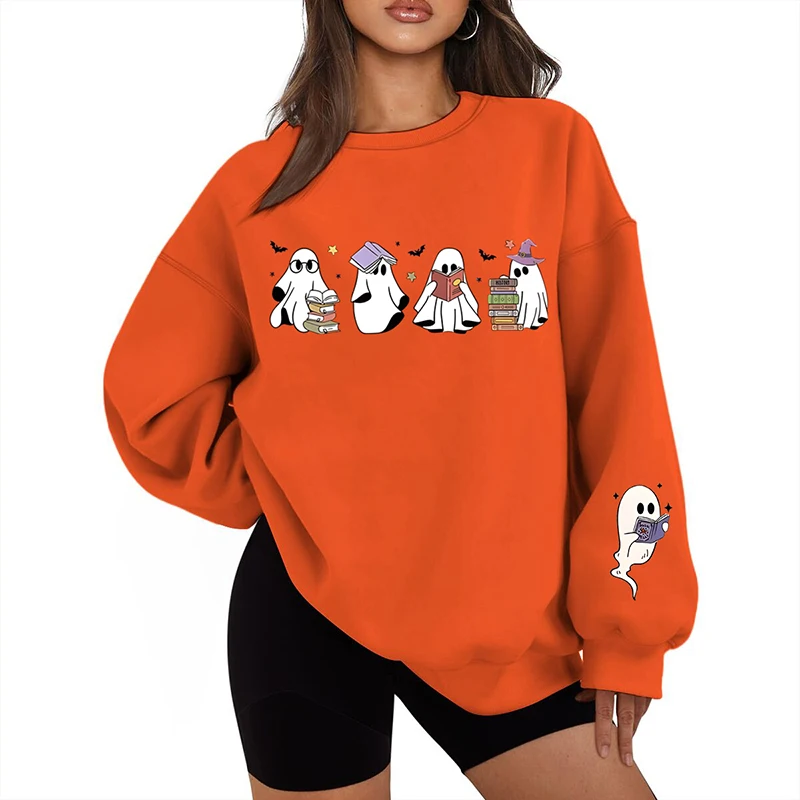

Хэллоуин Призрак и книги Графические большие толстовки для женщин Забавные пуловеры с круглым вырезом с длинными рукавами Большие размеры Подарки на Хэллоуин