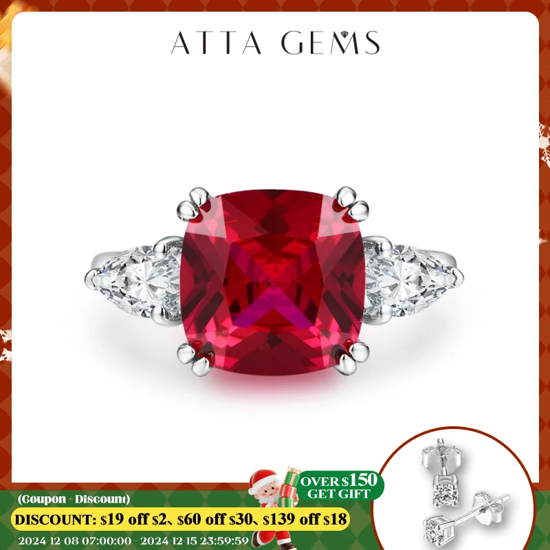 ATTAGEMS 2024 Cushion Cut 10*10mm 925 Sterling Silver Red Ruby Ring for Women With Certificed Engagement Promise Wedding Jewelry